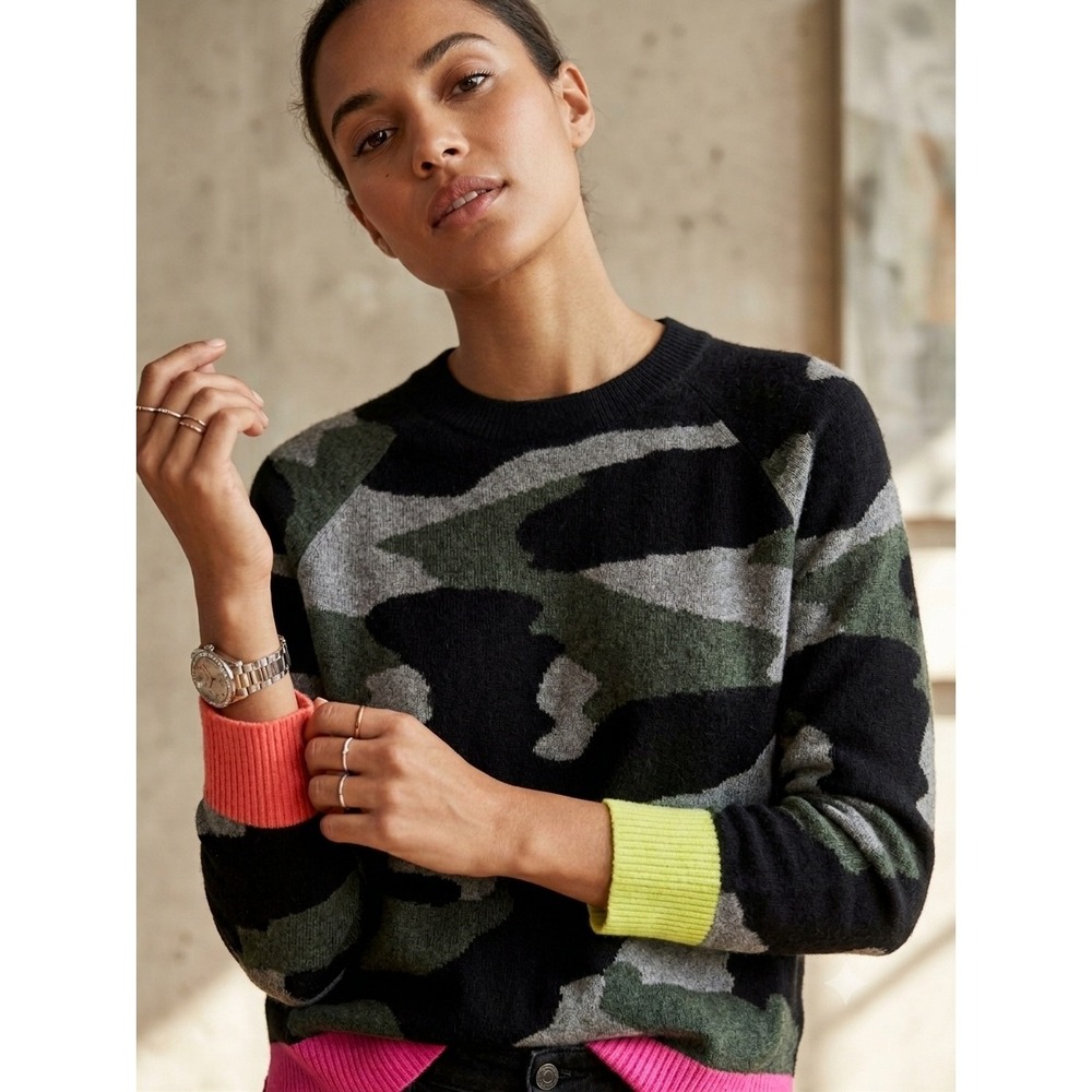 Scott & Scott London Cashmere Camo Sweater Neon Colorblock Trim Size M